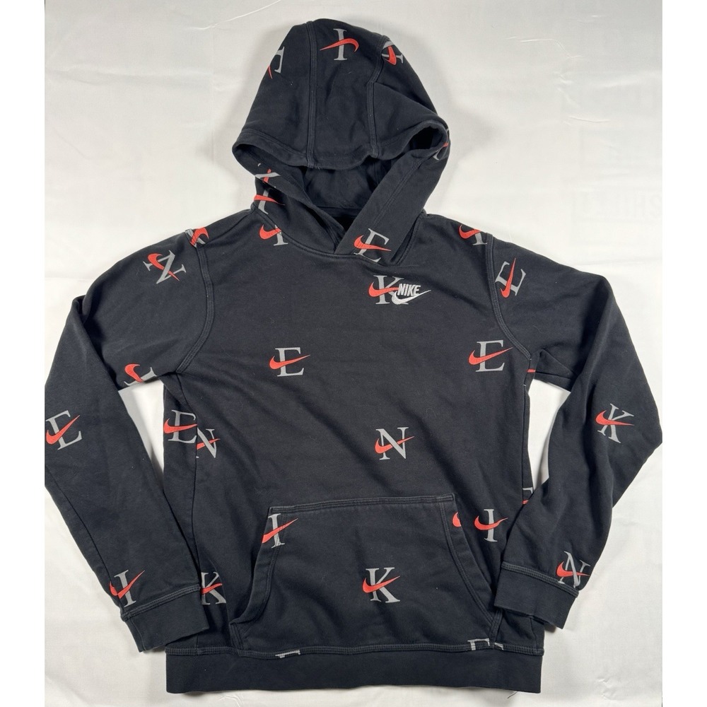 Nike Monogram All Over Print Hoodie Black Red Swoosh NIKE Letters Pullover
